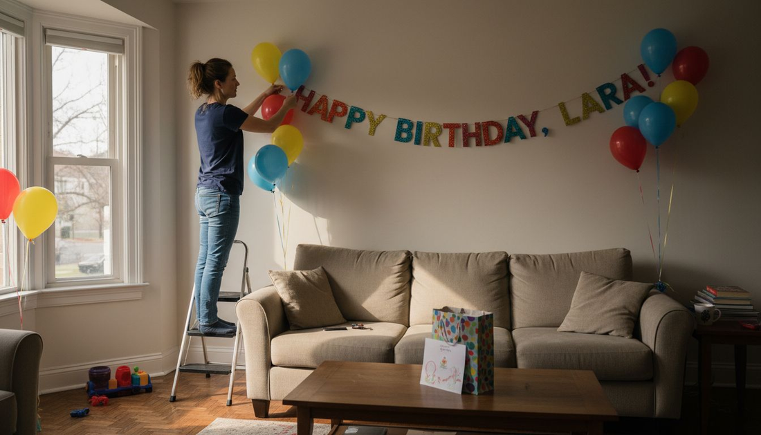 Woman hangs personalised birthday banner in living room