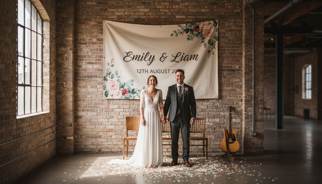 Couple standing with personalised wedding banner