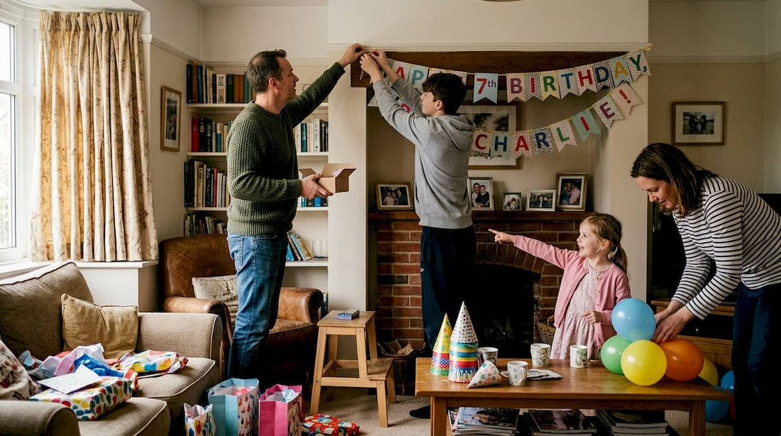 Family decorating with personalised UK party banner