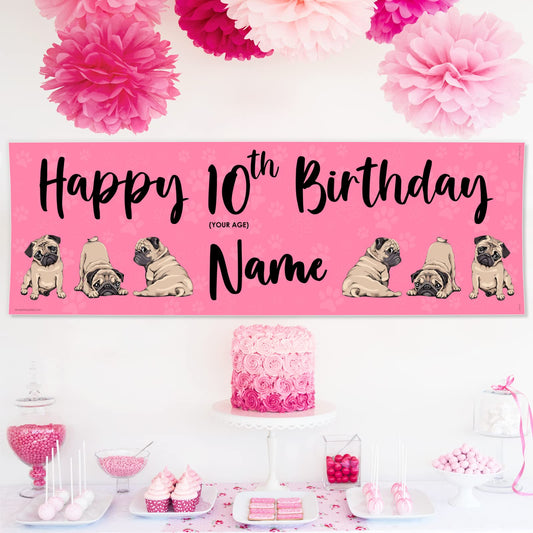 Personalised Birthday Banner - Pink Pug Theme Theme